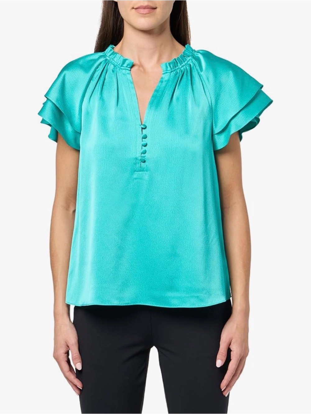 NWT Trina Turk Zandy Top Turquoise Ruffle Flutter Sleeve Blouse Size L